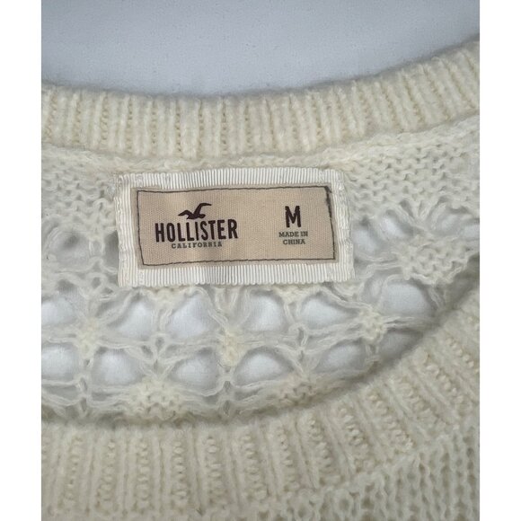 Hollister Women Wool Cream Long Sleeve Crochet Knit Sweater Medium - Picture 8 of 11